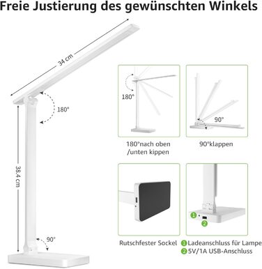 Настільна лампа Lepro, світлодіодна настільна лампа 15 Вт, настільна лампа 655lm 3 кольори і 5 рівнів яскравості з регульованою яскравістю з USB-портом, настільна лампа для захисту очей 3000K-6500K, лампа для читання для офісу, (білий)