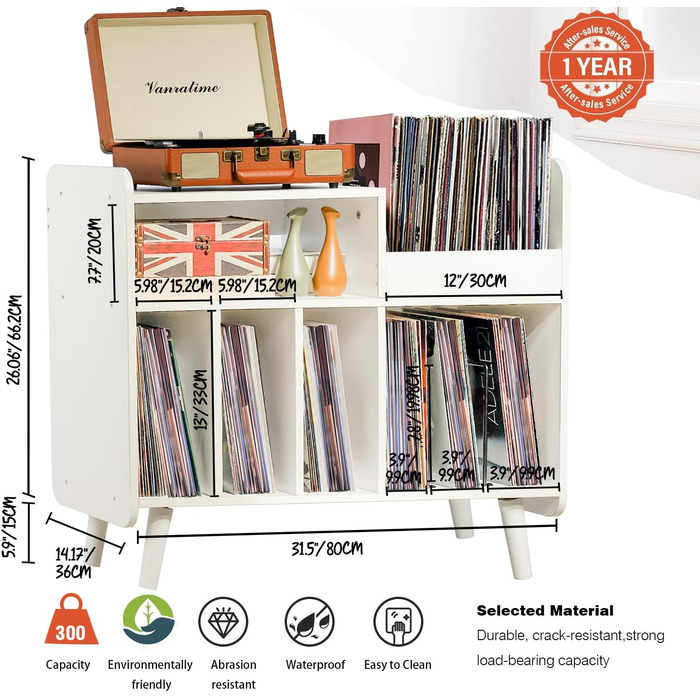 Стіл для програвача вінілу, стійка для програвача середини століття з місцем для зберігання до 350+ платівок, шафа для вінілових платівок з регульованими полицями (Білий)