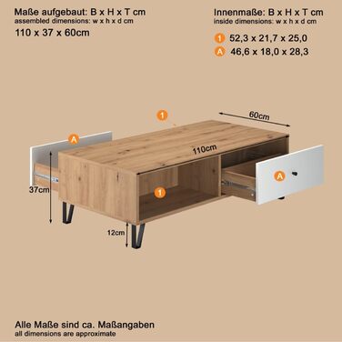 Тумба Trendteam Smart Living Touch з масиву дуба Artisan/білий колір - комод з 2 дверцятами та 4 відділеннями (110x37x60 см)