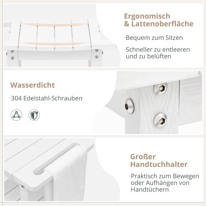 Лавка для душу LUE BONA HDPS з підставкою для гоління ніг, водонепроникний стілець для ванної кімнати, стійкий до погодних умов, з антиковзким покриттям та ручками, для внутрішнього та зовнішнього використання (білий)