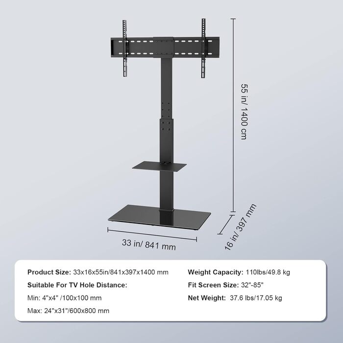 Стійка для телевізора VEVOR поворотна підлогова 32-85 дюймів, регульована по висоті, з міцною скляною основою, чорна