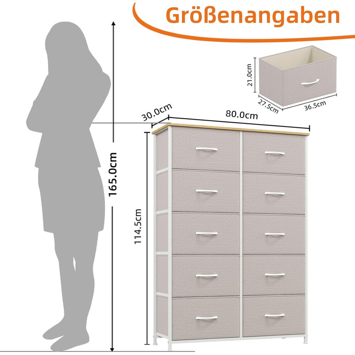 Тканинна комода Somdot з 8/10 висувними ящиками, білий (сірий), 30x80x114.5 см