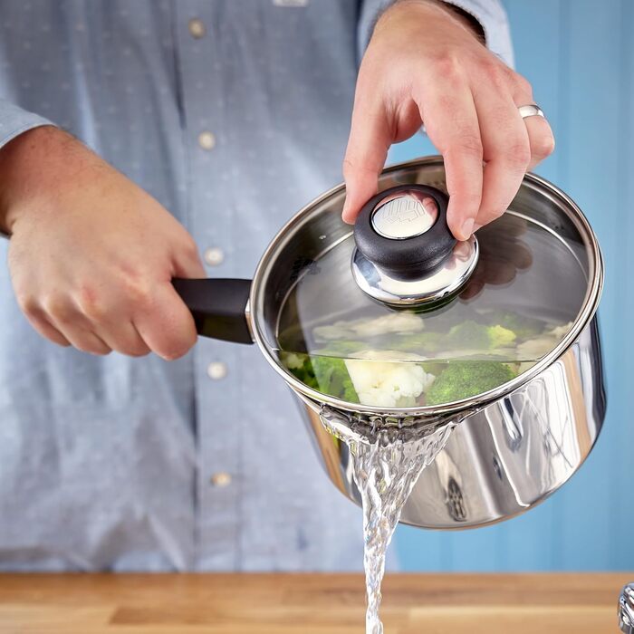 Набір каструль Judge Vista з нержавіючої сталі, 16/18/20 см, з кришкою-ситом та антипригарним покриттям, для індукційних плит, придатний для духовки