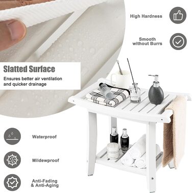 Двомісний стілець для душу HOMASIS з полицею, до 170 кг, HDPE, з ручками та антиковзними накладками, для літніх людей та дорослих (білий)