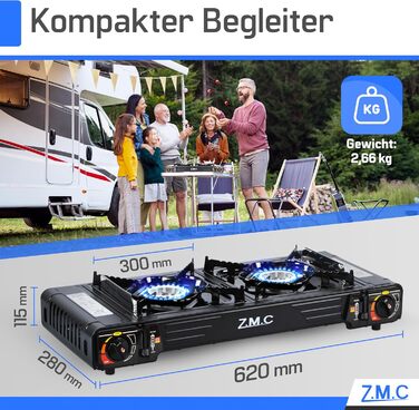 Преміум газовий набір для кемпінгу ZMC з 2 конфорками, 2,5 кВт, Piezo-запалювання, валіза для транспортування. Ідеально для відпочинку на природі, балкону та дому. Включає гриль-плиту 45×24 см та 227г газові картриджі.