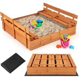 Пісочниця COSTWAY з лавками, 120x120 см, дерев'яна, з кришкою та підстилкою, для дітей, на вулицю, для саду, балкону, тераси