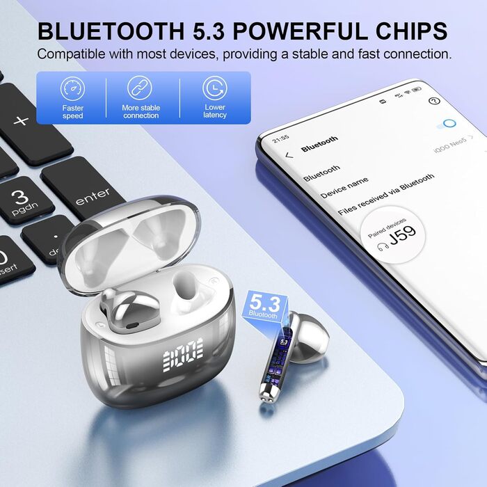 Навушники-вкладиші Bluetooth 5.3, 4 мікрофони ENC, HiFi, глибокі баси, LED, водонепроникність IP7 (чорний)