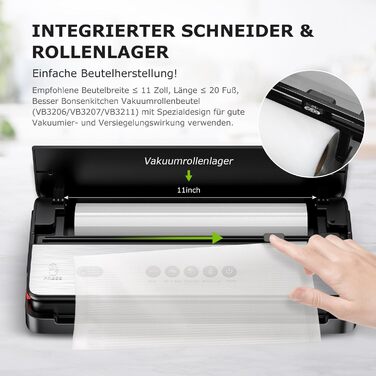 Вакууматор Bonsenkitchen для сухих та вологих продуктів з вбудованим різаком, чорний (в комплекті рулон та 5 пакетів)