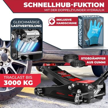 Гідравлічний домкрат MASKO 3T з низьким профілем 85-460мм, 3 гумові накладки, для легкових авто та SUV, ролики 360°, рукавички в комплекті. Домкрат під автомобіль до 3 тонн - Чорний