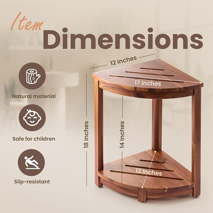 HOLANA Двомісна кутова лавка для душу з полицею та підставкою для ніг, з дерева акації, для ванної кімнати або сауни