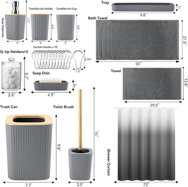 Комплекти аксесуарів для ванної кімнати, 9 предметів: сміттєвий бак, лоток для косметики, дозатор мила, мильниця, стакан для зубної щітки, щітка для унітазу та тримач для ватних паличок