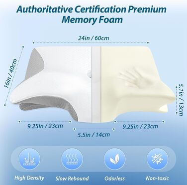 Ортопедична подушка для шиї HOMCA з Memory Foam, 2 в 1, з 3D охолодженням, 60x13/11x40 см, сіра