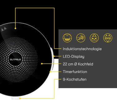 Індукційна конфорка GUTFELS INDUK 2020 Автоматичне визначення горщика Потужність 2000 Вт Сенсорне керування Батьківський контроль Індукційні Конфорка