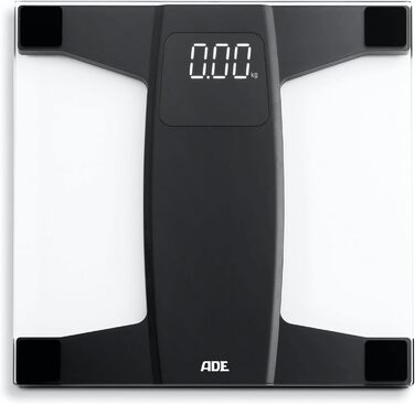 Цифрові ваги для ванної кімнати ADE BE1909 Suki (ваги для ванної кімнати з великим дисплеєм і прозорою поверхнею зважування) Скляні ваги зі світлодіодним дисплеєм біле на чорному