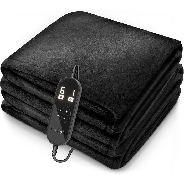 Електрична гріюча ковдра з плюшем | Автоматичне вимкнення | Тепла ковдра з таймером | 9 температурних режимів | Можна прати до 40°C | Цифровий дисплей (200 x 180 см, Чорний)