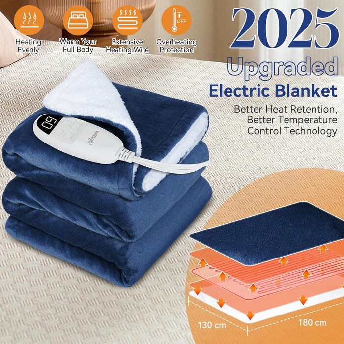 Електрична гріюча ковдра з автовимкненням 160x130 см, 9 режимів нагріву, таймер, LED-дисплей, пральна, для софи, ліжка, офісу, подарунок