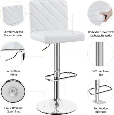 Барні стільці Yaheetech 2 шт. регульовані по висоті, обертаються, 62,5-84,5 см, 136 кг, з штучної шкіри та сталевим каркасом, для кухні/бару, білий (без підлокітників)