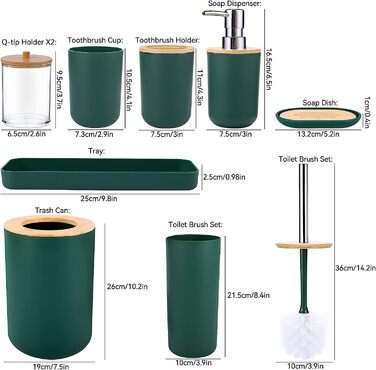 Набір аксесуарів для ванної кімнати SLDIYWOW 9 шт. темно-зелений: мідний відрі, піднос, дозатор мила, тримач для зубних щіток, стакан для зубних щіток, мильниця, WC-щітка, тримач для ватних паличок