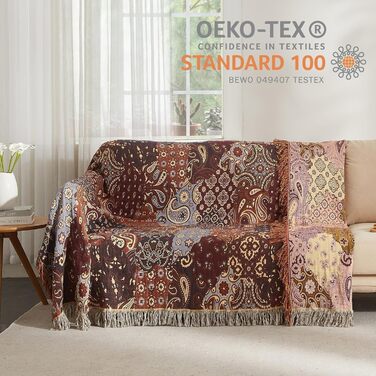 Богемна ковдра Softexly Boho Decke 100% бавовна, двостороння муслінова ковдра 150x200 см, м'яка диванна ковдра та покривало для ліжка, естетичний дизайн, ідеальна для вітальні та спальні, помаранчево-зелена (230 x 250 см, візерунок Пайслі)