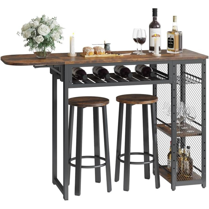 Набір барного столу з 2 табуретами, стіл-бар з тримачем для келихів та полицею, кухонний стіл в індустріальному стилі (колір: коричневий)