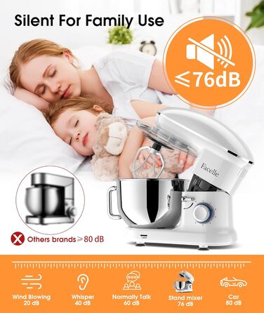 Кухонна машина Facelle 1500W з нержавіючою чашею 6.2 л, 6 швидкостей, міксер для тіста, планетарний міксер