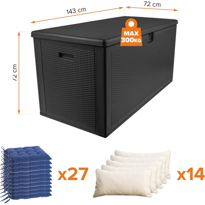 Скриня для зберігання речей Grindi Morus 570л - водонепроникна садові меблі, подушки, інструменти - для балкона, тераси, саду (Чорний)