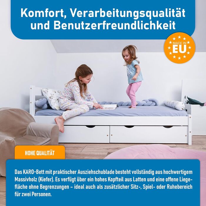 Ліжко дитяче Вробель Kinderbett 90x200 см з 2 шухлядами та ламелями - односпальне ліжко з масиву сосни - ліжко Монтессорі для дітей та підлітків, біле - без матрацу 90 x 200 см