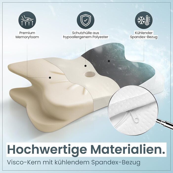 Ортопедична подушка для шиї при болях у шиї з високоякісної піни з пам'яті - Ергономічна подушка для шиї - Подушка для сну на боці, спині та животі - пральний чохол при 40°C Білий (61 x 40 x12, Сірий)