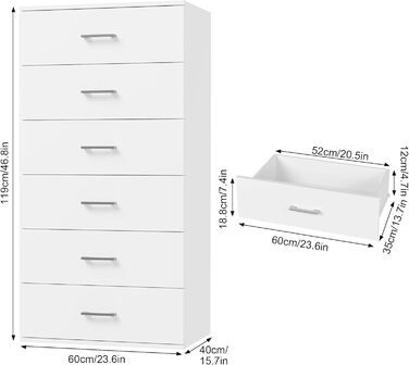 Білий комод з 6 шухлядами для спальні та вітальні, 60x40x119 см