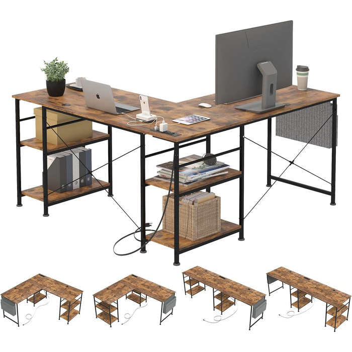 Ігровий кутовий стіл L-подібної форми з LED-підсвічуванням та розетками, 140x140 см, реверсивний комп'ютерний стіл з підставкою для монітора, 4 полиці та бічні кишені для дому та офісу (колір: коричневий, розміри: 140x140x74 см)