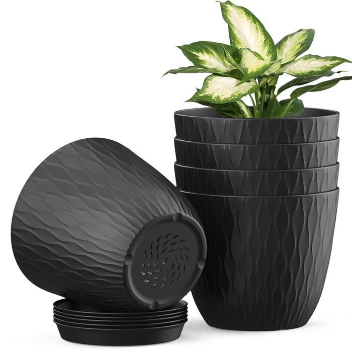 Набір горщиків для квітів з системою поливу (5 шт.), 17.8 см, з підставкою, для дому та балкону (чорний)
