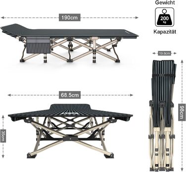 Складане польове ліжко ATORPOK SHOP для кемпінгу, гостьове ліжко до 200 кг, екстрашироке розкладне ліжко для відпочинку на природі, в саду та в приміщенні