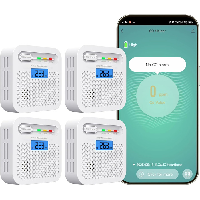 Детектор чадного газу CO з цифровим дисплеєм, портативний, для дому, авто, подорожей, офісу, ресторану, готелю (WiFi, 4 шт.)