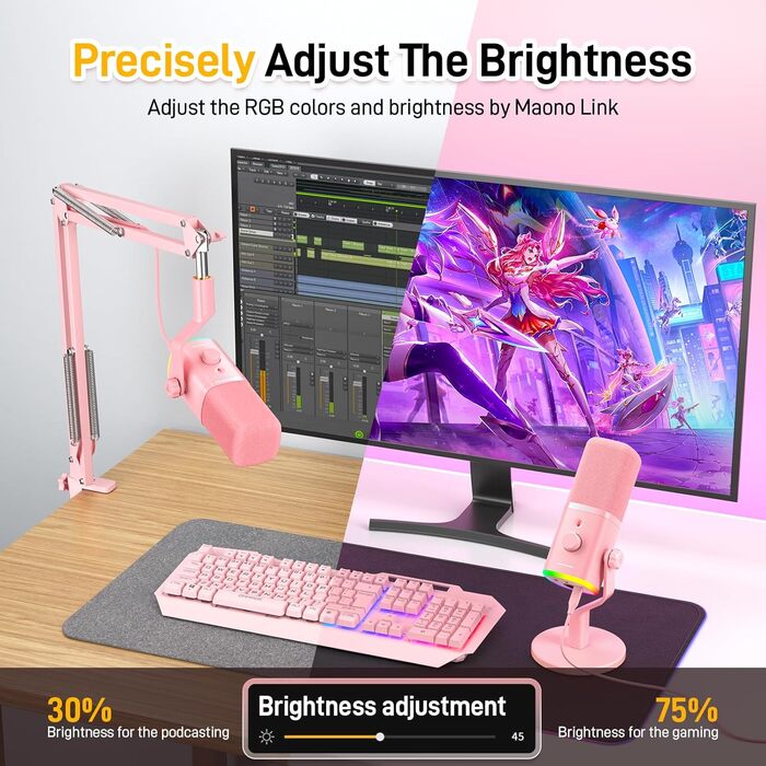 Ігровий мікрофон MAONO PD100XS XLR/USB з динамічним капсулем, RGB-підсвіткою, пультом гучності, кнопкою вимкнення звуку, програмним забезпеченням, для ПК, стрімінгу, запису, PS4/PS5, Mac, рожевий
