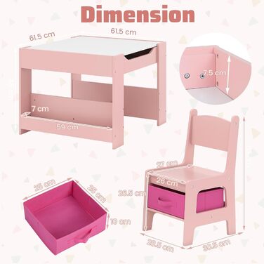 Дитячий стіл LIFEZEAL 3 в 1 з 2 стільцями: стіл для малювання, активностей та обіду. Дерев'яна дитяча група з місцем для зберігання (Рожевий)
