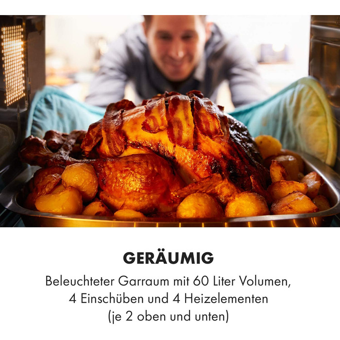 Міні-піч Klarstein Masterchef: 60 л, об'єм 60 літрів, з конвекцією, обертовим шампуром, таймером, подвійним склом, нагрівом зверху та знизу, з нержавіючої сталі, 2000 Вт, чорний колір