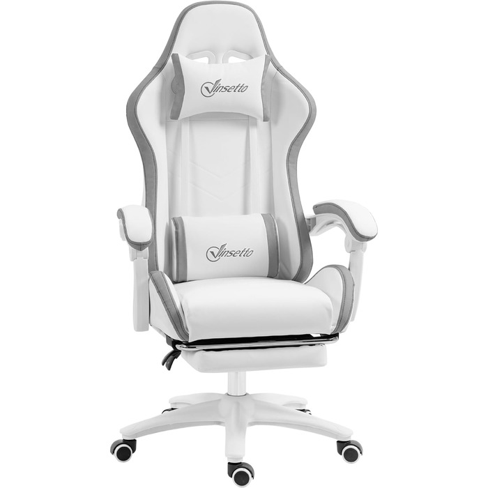 Крісло ігрове Vinsetto Ergonomic з регульованою підніжкою, спинкою 135°, підголівником та поперековою підтримкою, поворотне на 360°, PU шкіра, білий/сірий