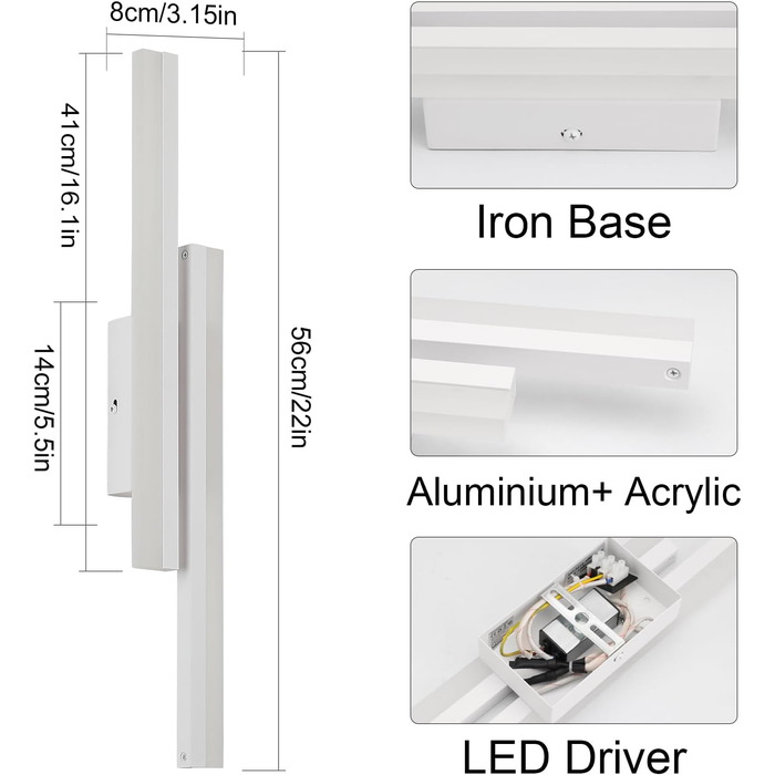 Настінний світильник Klighten LED 40см, 12Вт 850LM, теплий 3000K, білий, для вітальні та спальні, 110-240V