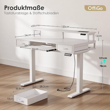 Регульований за висотою стіл OffiGo з 2 висувними ящиками та підставкою для клавіатури, 120 см. Електричний стіл з підставкою для монітора, RGB підсвічування та розетками, білий (120 x 54 см)