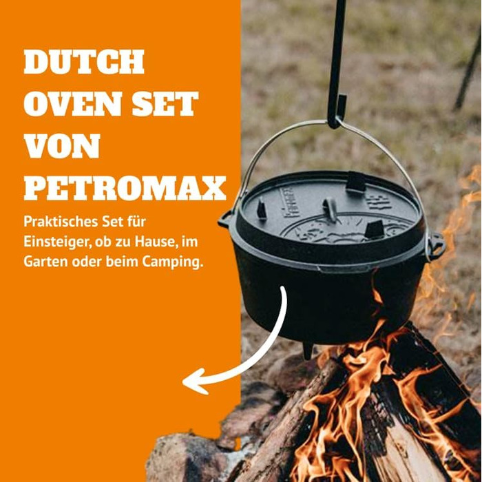 Набір Dutch Oven Petromax Feuertopf ft9-t: чавунний казан 7,5 л з плоским дном, підставкою, піднімачем кришки, пастою для догляду та скребком для гриля та відкритого вогню