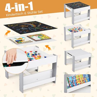 Дитячий стіл з 2 стільцями COSTWAY: дерев'яний набір 4 в 1 з регульованою стільницею, полицями та ящиками для зберігання, для дітей від 3 років (сірий)