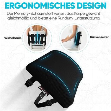Подушка під поперек FORTEM для авто та офісного крісла, ортопедична підтримка спини з ефектом пам'яті (Memory Foam), дихаюча сітчаста оббивка, чорна