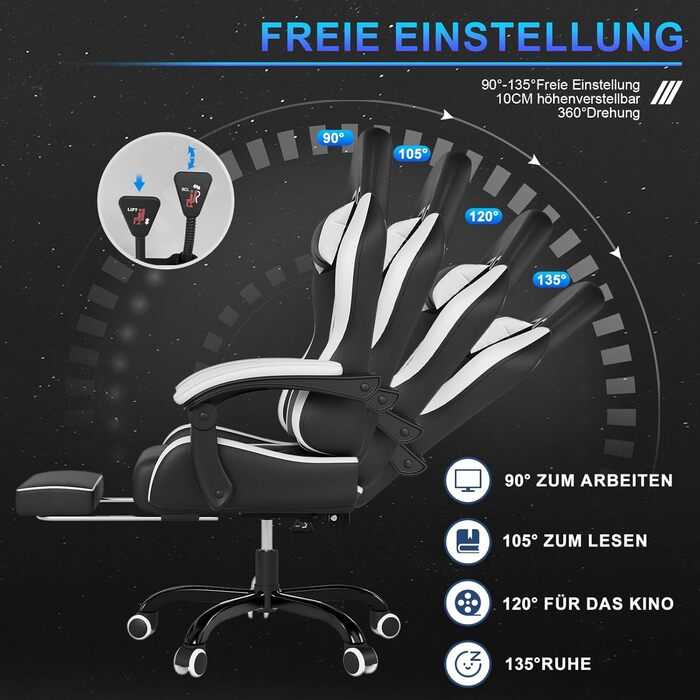 Ігровий крісло JUMMICO з масажем, ергономічний офісний стілець з підпоркою для попереку, регульована спинка 90-135°, підставка для ніг, максимальне навантаження 150 кг (білий, компактний)