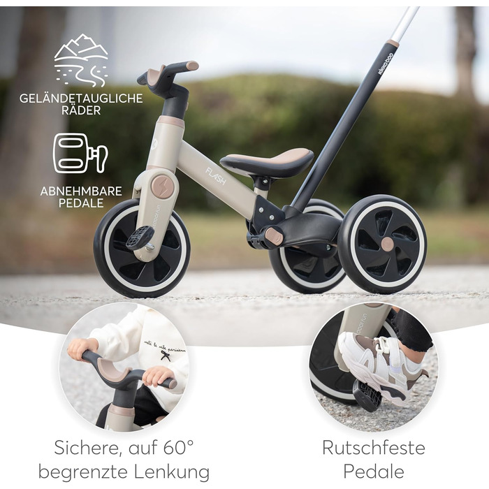 KikkaBoo Flash 5-в-1: Біговел/Триколісний велосипед для дітей від 18 місяців, сталевий каркас, EVA колеса, регульована ручка, сірий
