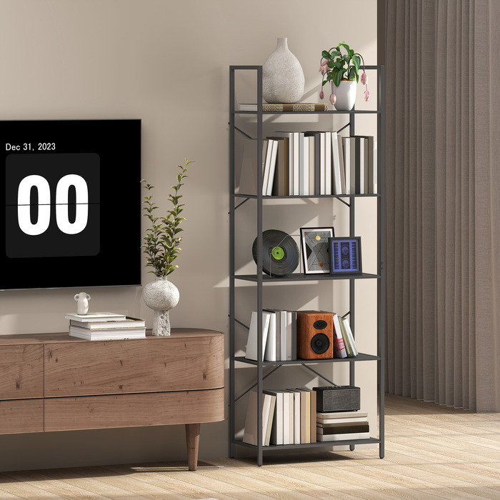 Стелаж HOMCOM з 5 полицями, підлоговий, в індустріальному стилі з металевим каркасом, відкритий для зберігання в вітальні, офісі, кабінеті, 60x30x170,5 см, чорний