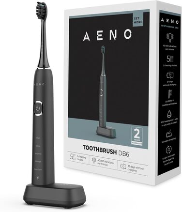 Електрична зубна щітка AENO DB6 Sonic – 5 режимів, 40 днів роботи, бездротове заряджання, преміум-щітинки, нагадування про заміну насадки, 46 000 вібрацій/хв, чорний