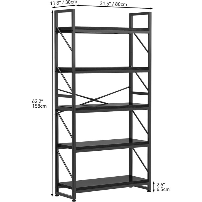 Стильна полиця YITAHOME з 5 ярусами, чорна, 80 x 30 x 158 см | Полиця для книг, вітальня, офіс