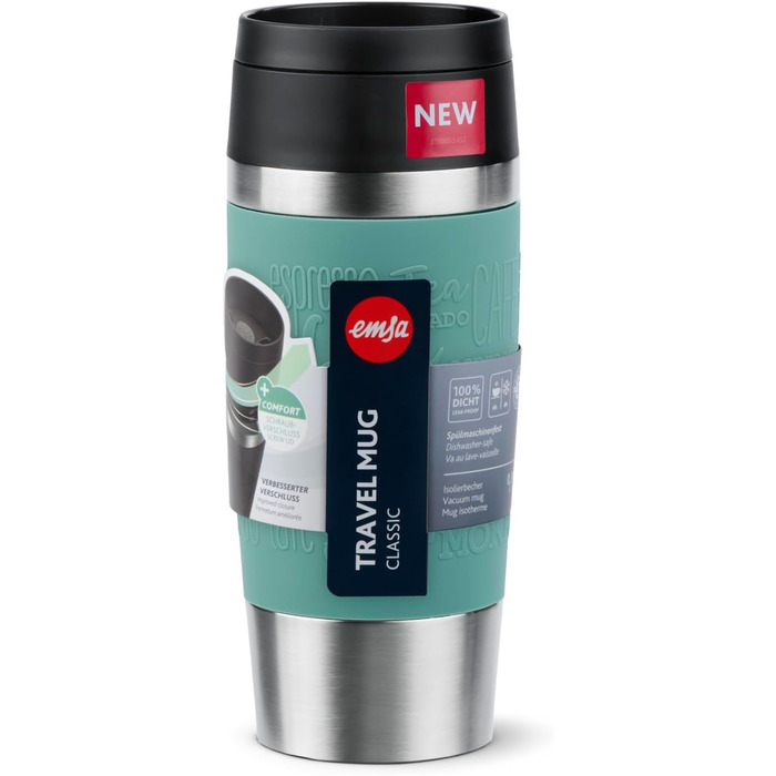 Термокружка Emsa N20210 Travel Mug Classic, 0.36 л, нержавіюча сталь, Petrol | Збереження тепла 4 години, холоду 8 годин | 100% герметична, з невеликим отвором для пиття, придатна для миття в посудомийній машині