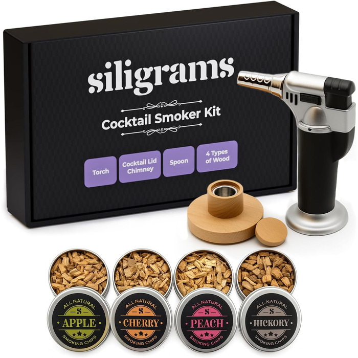 Набір для копчення напоїв Siligrams Cocktail Smoker Set: преміум-набір для віскі, коктейлів, з бутановою факелом та стружкою