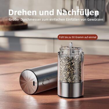 Електричні соляні та перечні млини WONMAKE з регульованим керамічним жорном, USB-зарядка, LED-підсвічуванням, великим об'ємом, з нержавіючої сталі